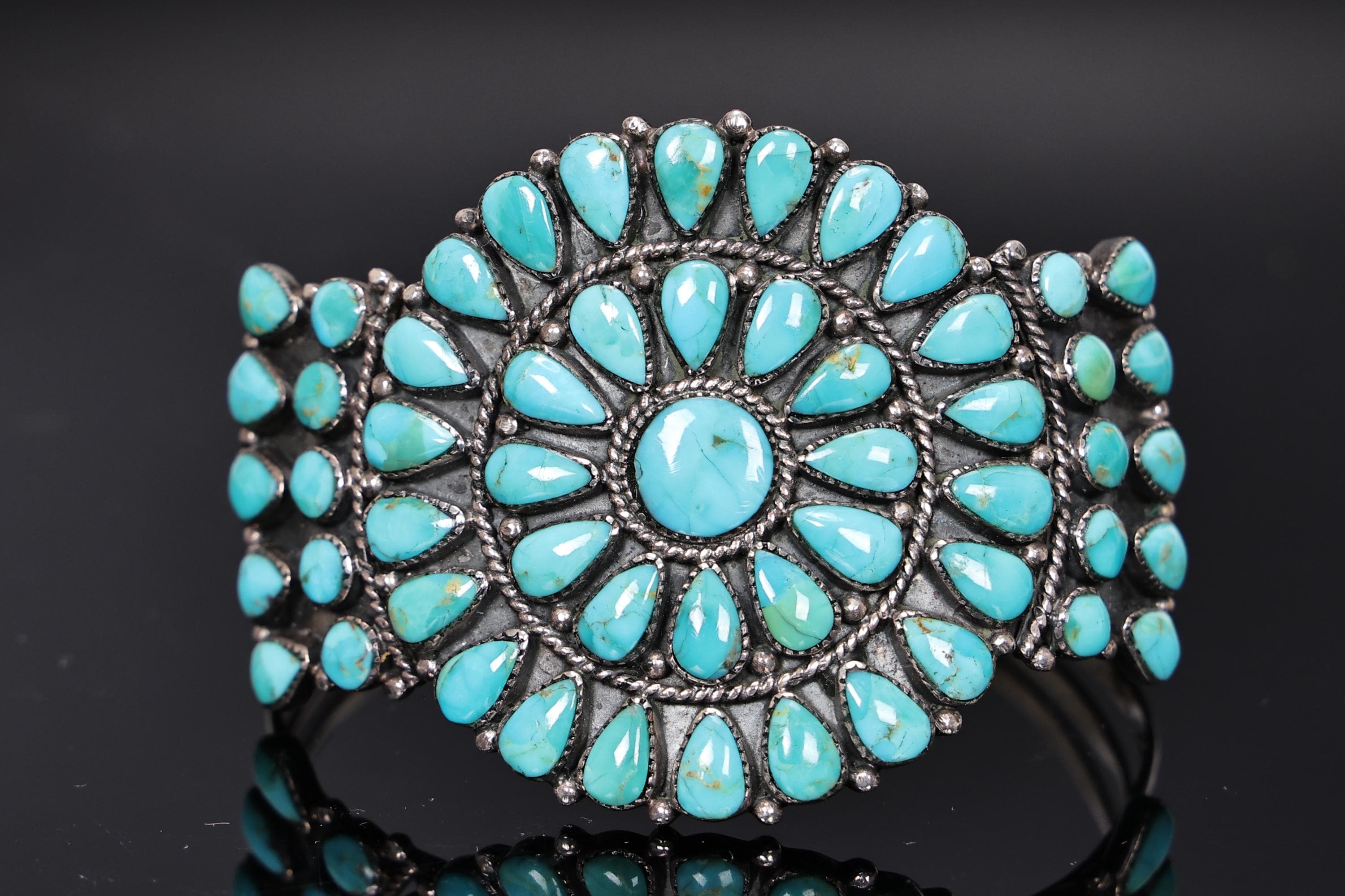 Native American Zuni Turquoise Sterling Silver Cuff Bangle Signed