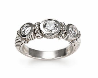 Judith Ripka Three CZ Clear Stones Sterling Silver 925 Ring Size 5.5