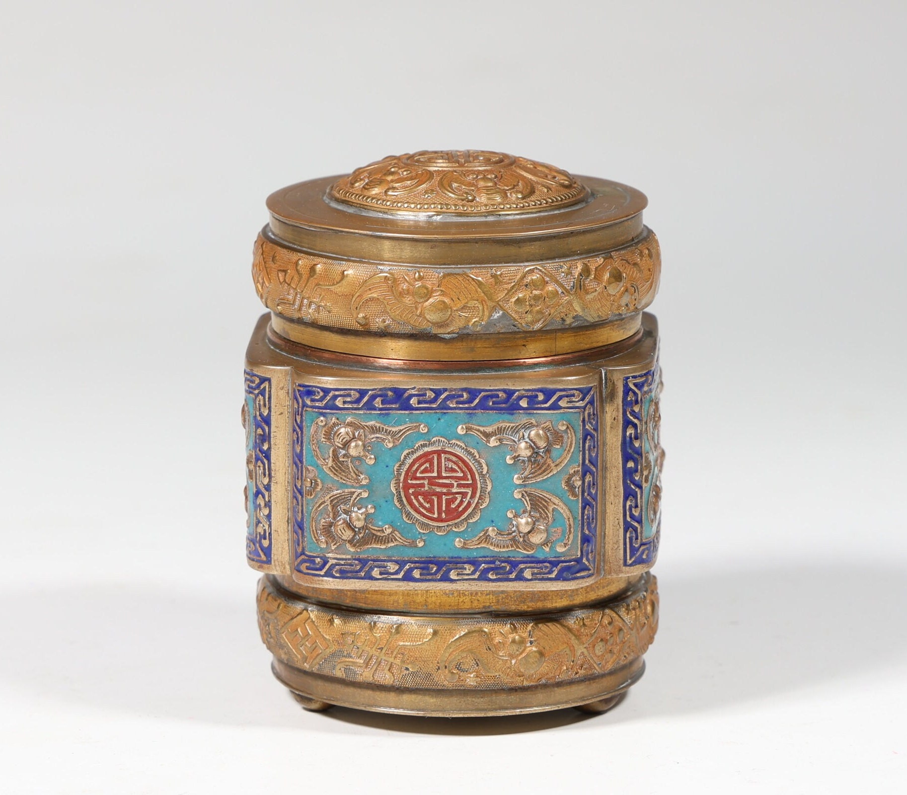 Vintage chinesische Messing Emaille Cloisonné Inlay "Happiness & Longevity" Trinket Box