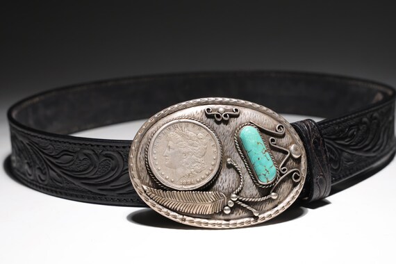 Sterling Silver Navajo Turquoise Belt Buckle & Black Leather  display picture 3