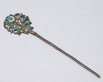 Seltene Emaille-Blume aus Sterlingsilber im Haar/Haarnadel geschnitzt