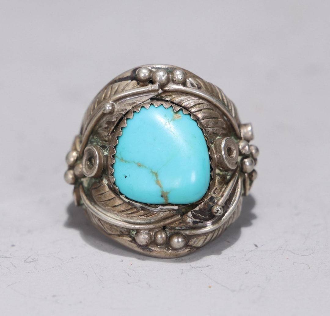 Navajo Sterling Silver Turquoise Ornate Ring Singed F.L Size #7.5 - Etsy