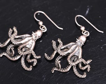 Orecchini A Cerotto In Argento 925 Con Piccolo Polpo, Tentacoli, Handmade, Dark Dream