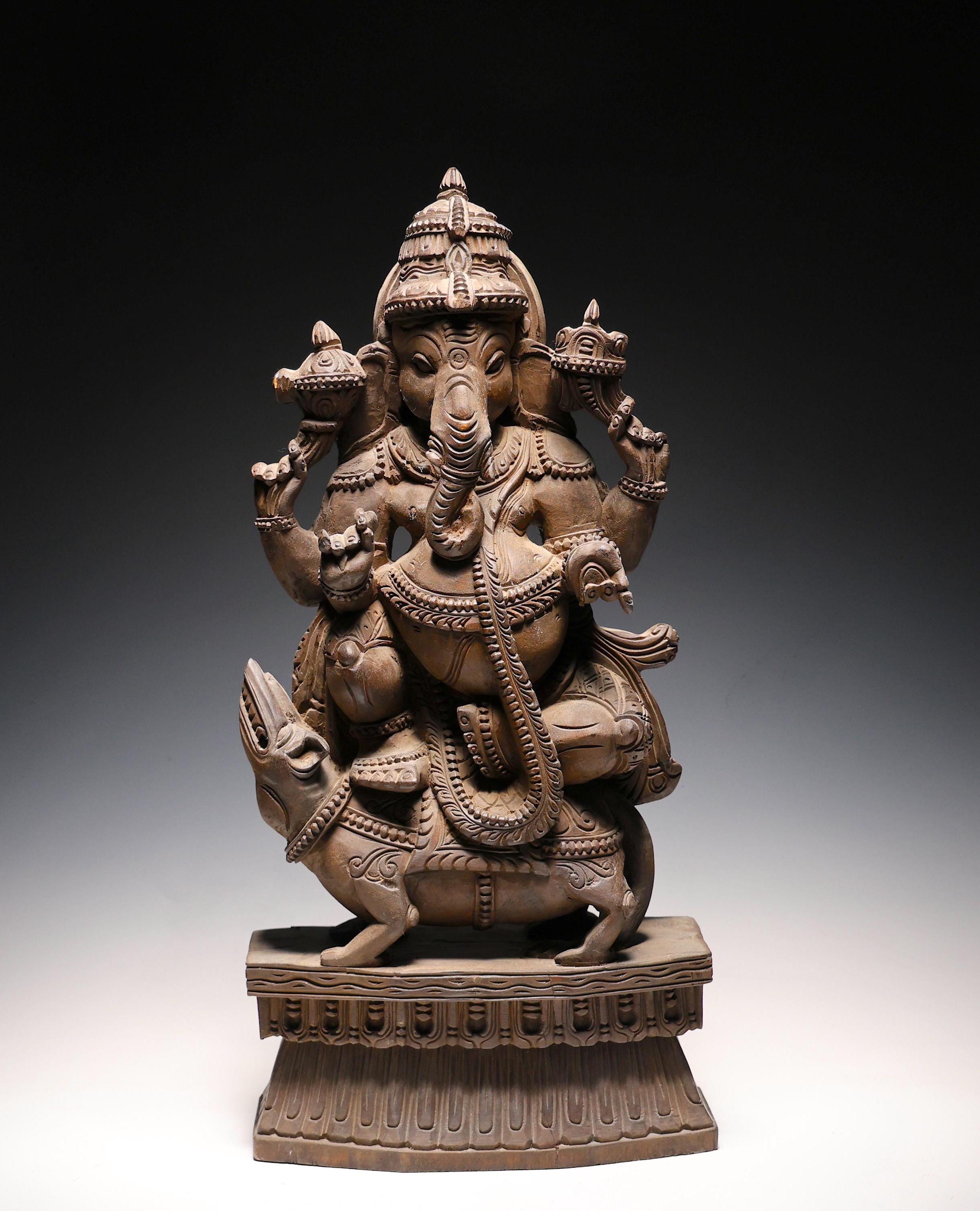 ヴィンテージ インドのガネーシャ像（ネズミのムーシカに座る）木製