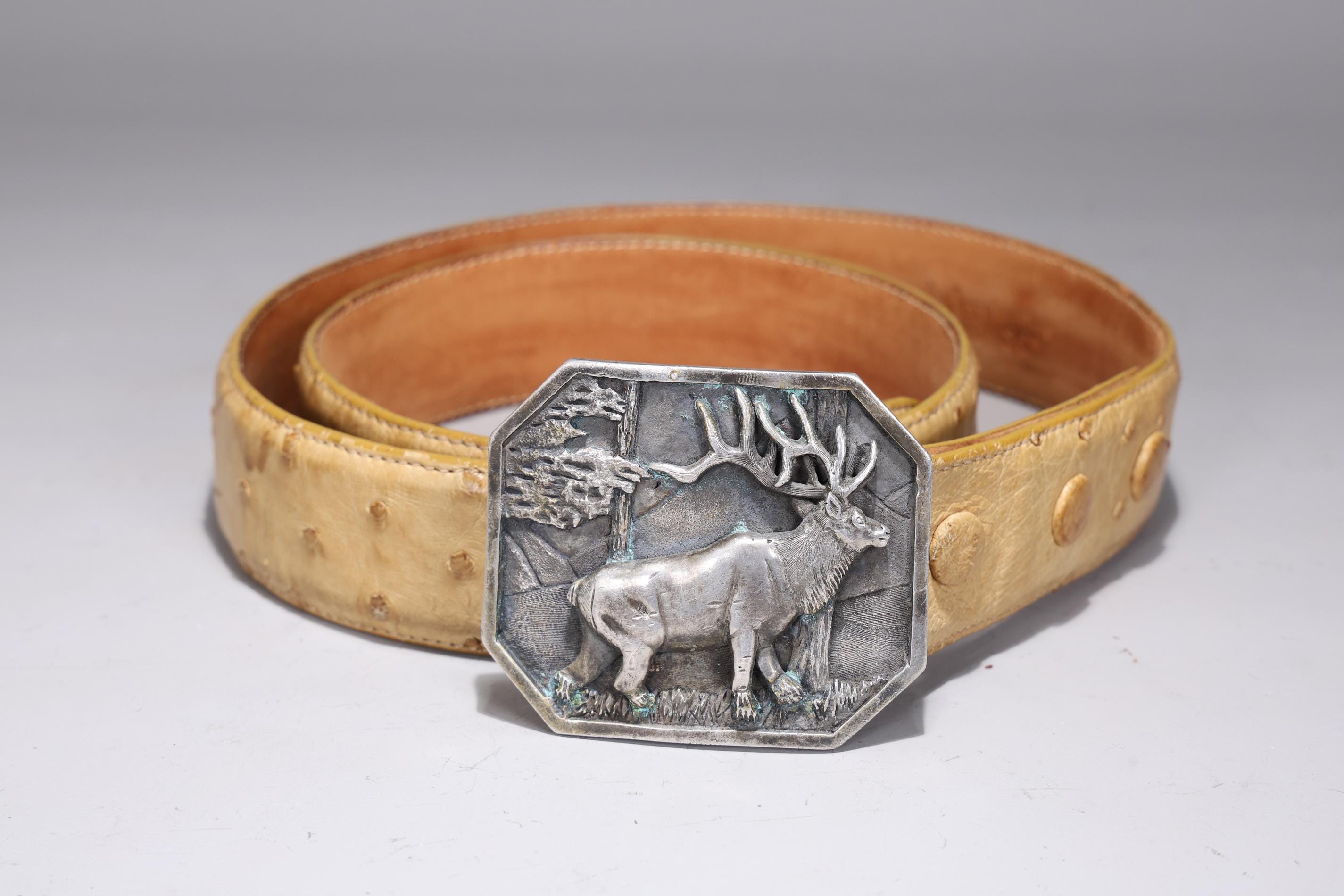 Sterling Silver Elk Belt Buckle With Yellow Ostrich Leather  display picture 1