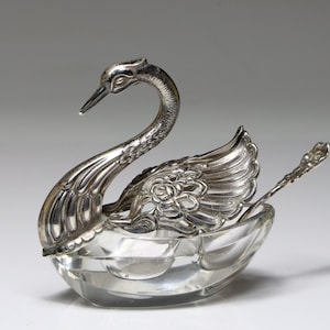 Vintage Sterling Zilver Duitsland Kristallen Zwaan Met Lepel Open Zouten Lade Ondertekend