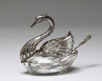Vintage Sterling Silver Germany Crystal Swan With Spoon Open Salts Tray Signed