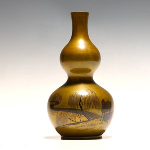 Vintage Japanese Bronze Hand Painted Gourd Shaped Vase
