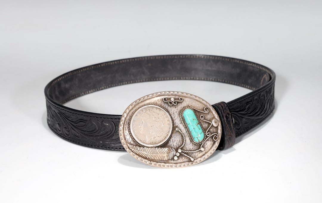 Sterling Silver Navajo Turquoise Belt Buckle & Black Leather  display picture 3