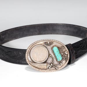 Sterling Silver Navajo Turquoise Belt Buckle & Black Leather Belt