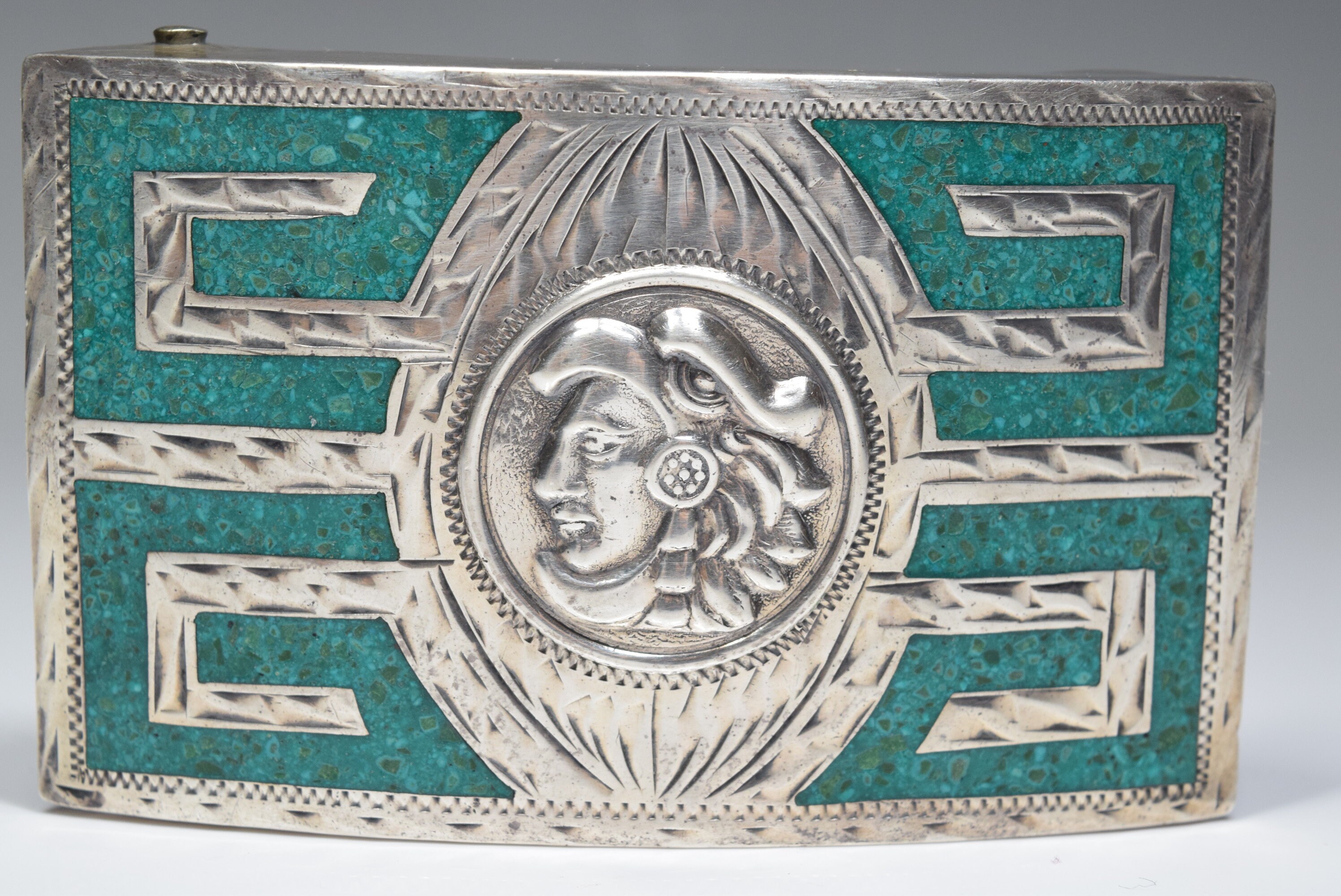 Vintage Silver Tone Turquoise Mexico Belt Buckle Vintage Mexican Sterling Silver Turquoise Belt Buckle  main image 2