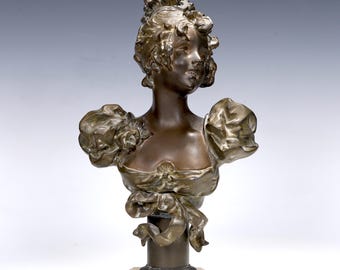 Art Nouveau Bronze Lady Bust On Alabaster Base