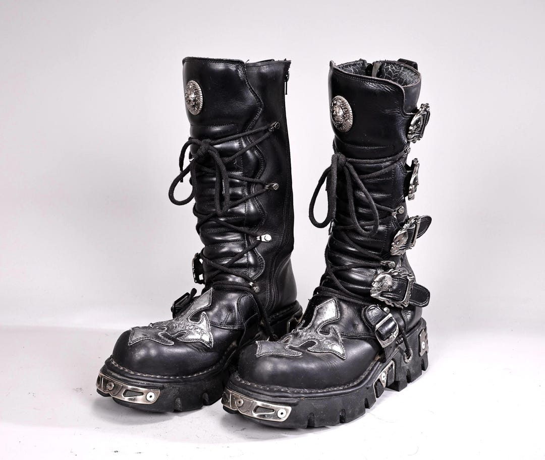 New Rock 403-S1 Metal Skull Buckle Iron Leather Black Boots EU44 - Etsy UK