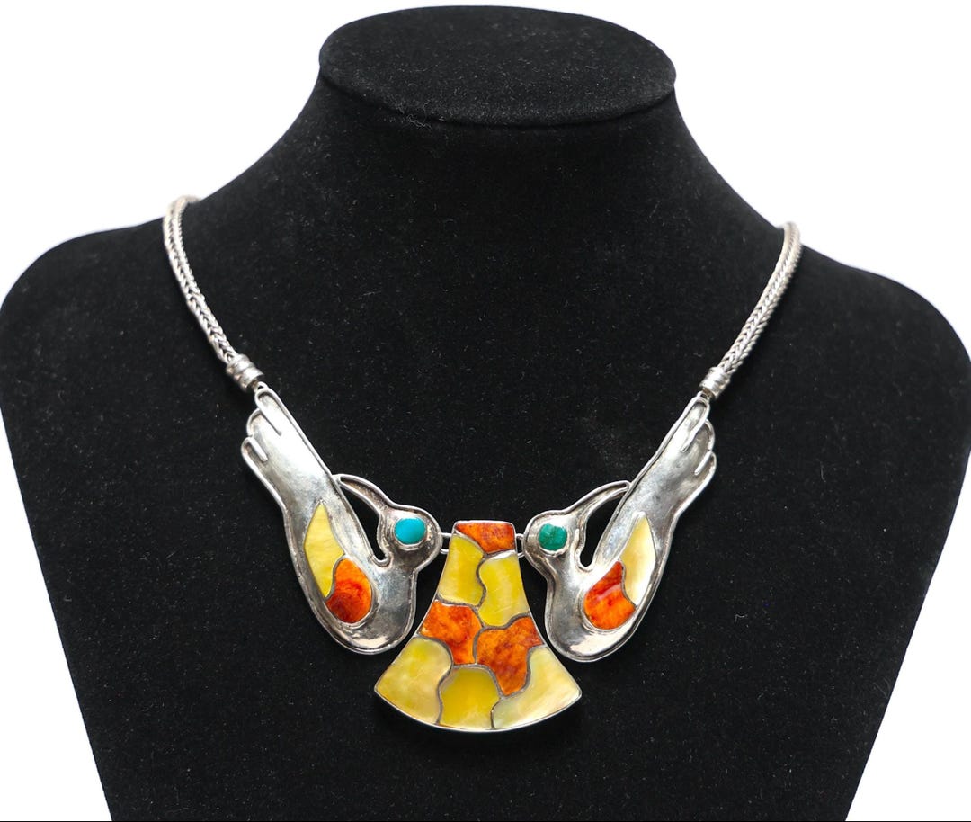 Vintage Enamel Shell Gem Stone Inlay Multicolor Birds Sterling Silver ...