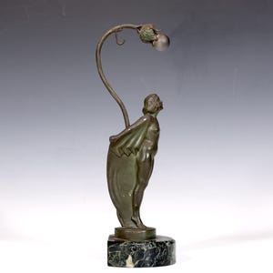Vintage Max Le Verrier Bronze Sculpture Lamp "Radiator Mascot Lady Sailing"