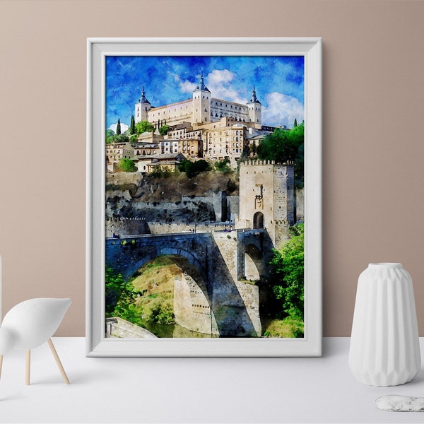 Alcázar du château de Tolède | Carte postale / affiche de voyage de style aquarelle d’Espagne | Téléchargement instantané numérique imprimable