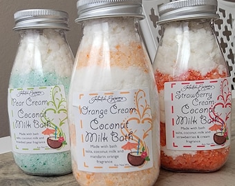 Milk Bath Bottle Coconut Milk Orange Strawberry  Pear Scented - Self Love Self Care Gifts - Foot Spa Soak -Let Me Soothe Bath Salts