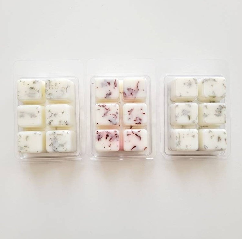 Pu&ograve; includere: Tre contenitori di plastica trasparente, ognuno contenente sei cubetti di cera. I cubetti di cera sono bianchi con macchie di colore. Il contenitore a sinistra ha macchie bianche, il contenitore al centro ha macchie rosa e il contenitore a destra ha macchie verdi.