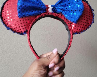 Red White & Blue Sequins Glittery Shiny Patriotic Holiday Mouse Ears Headband Handmade