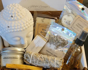 Energy Clearing Cleansing Kit - Sage Palo Santo -Custom- Candle Spiritual Bath Salts Home Gift Set- Woosah