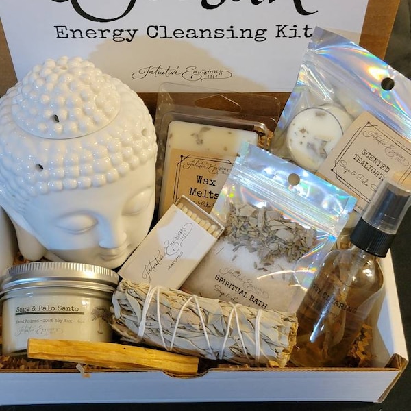 Energy Clearing Cleansing Kit - Sage Palo Santo -Custom- Candle Spiritual Bath Salts Home Gift Set- Woosah