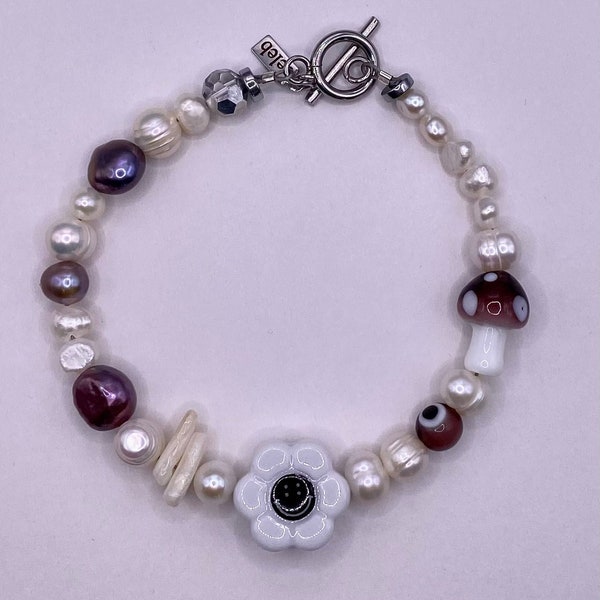 Unique Beaded Bracelets with Freshwater Cultured Pearls and Smiley Faces/Mushrooms/Evil Eye