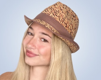 2000s Vintage Unisex Brown/Tan Straw Fedora with brown band