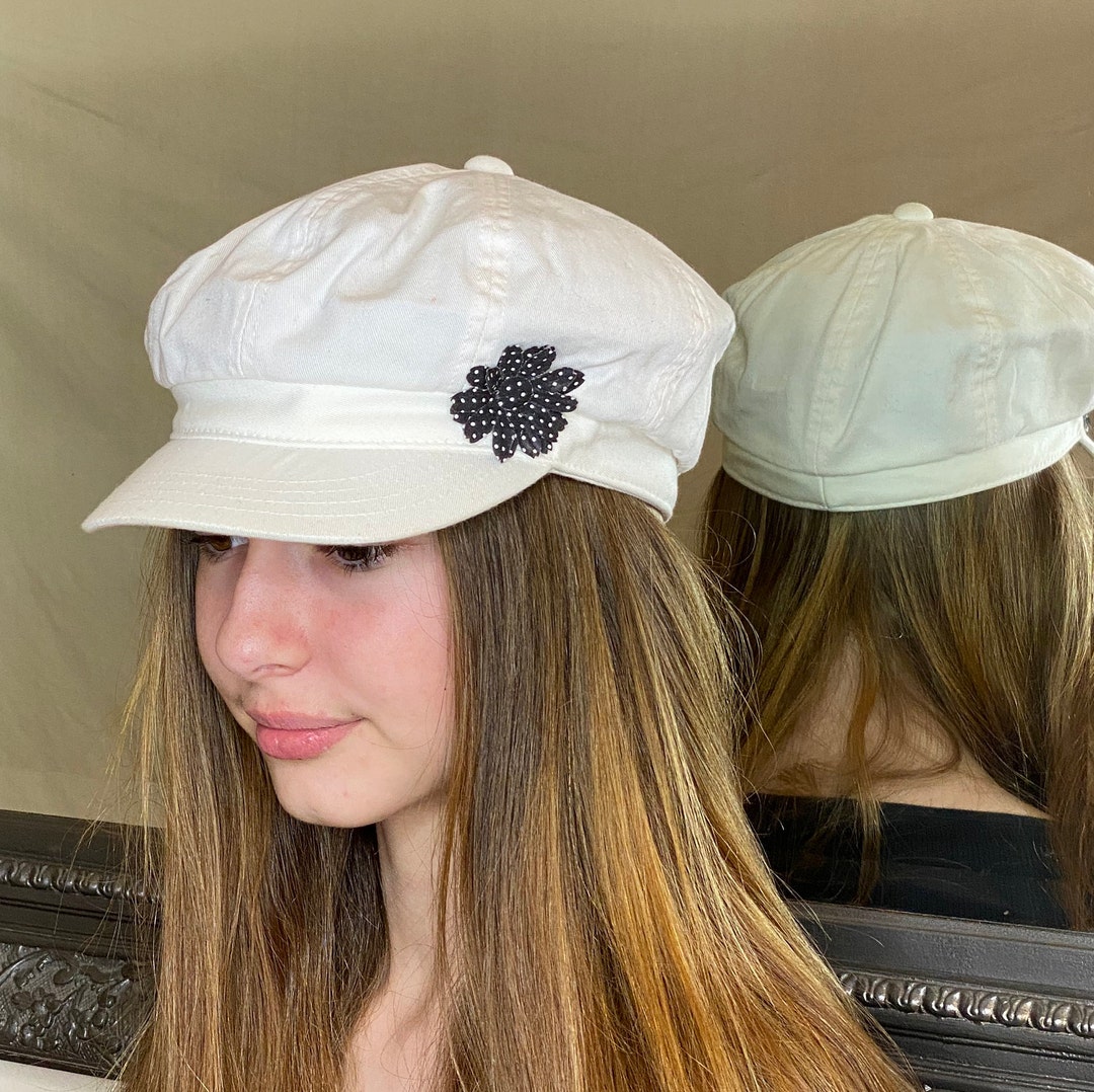 Cotton Newsie Cap in White With Flower Embellishments - Etsy