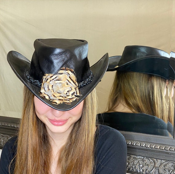 Leather Cowboy Hat in Black With Feathers - Etsy display picture 2