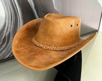 Unisex Tan Leather Cowboy Hat in Medium