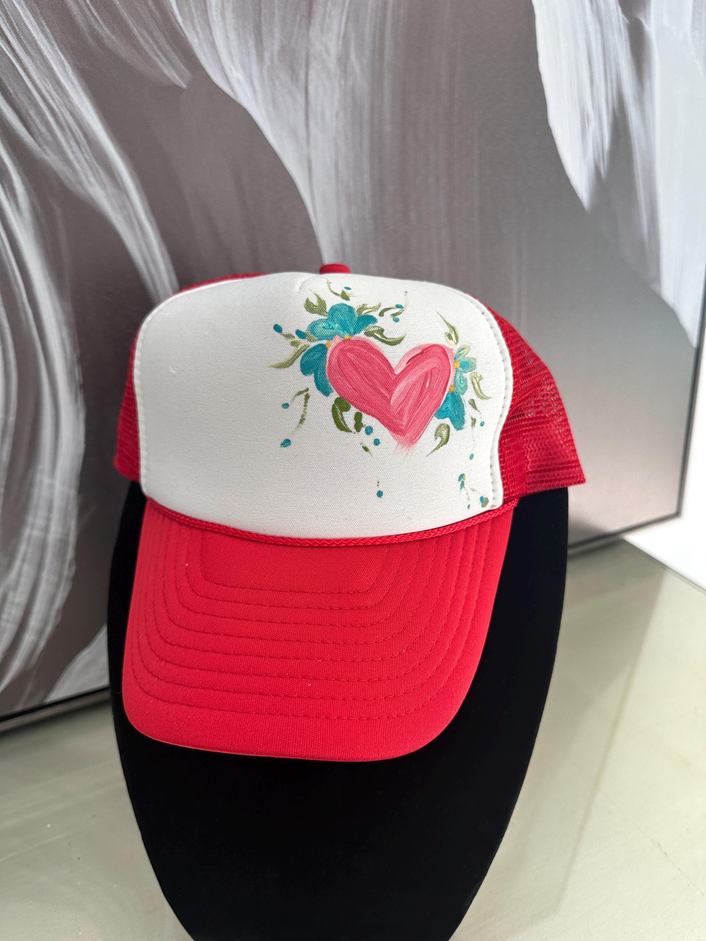 SellersMerch Gray Cap with Red Heart and Pink Floral Embellishments Embroidered Heart Baseball Cap | Valentine main image 4