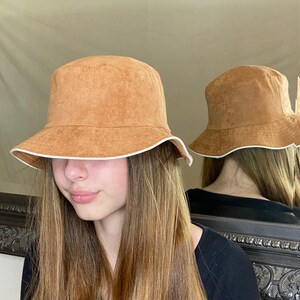 Ultra Faux Suede Bucket Hat in Brown 