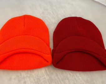 Unisex Beanie 8” with Visor in orange or burgundy