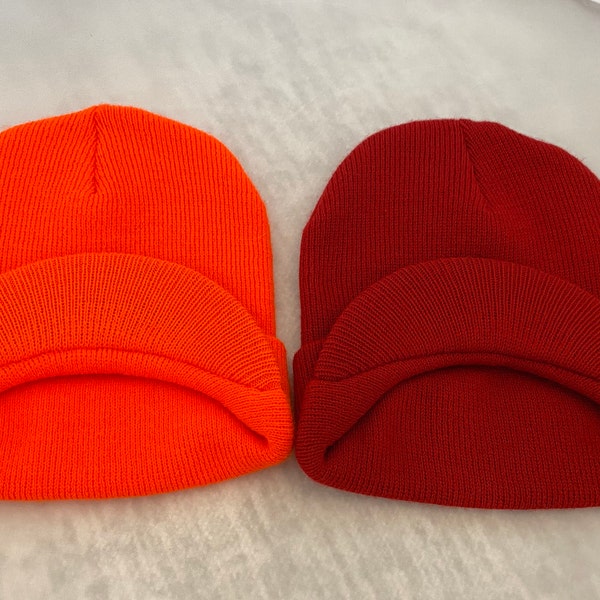 Unisex Beanie 8” with Visor in orange or burgundy