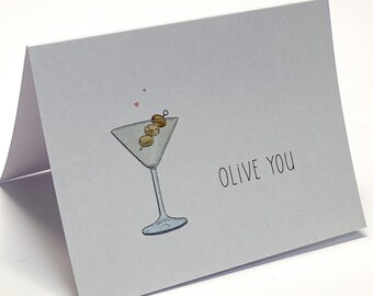 Olive you card - Cute love pun card with matching Envelope - BFF card, card for girlfriend or boyfriend