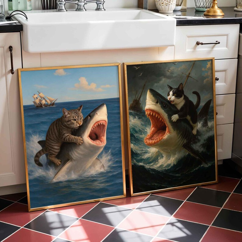 Funny Cat Wall Art – Custom Pet Portrait “cat Riding a Shark”, Digital ...