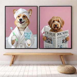 Ritratto personalizzato di un animale domestico, divertente arte da bagno, cane che legge il giornale sul water, arte murale con cane, cane nel water, animale domestico nella vasca da bagno, regalo personalizzato per animali domestici