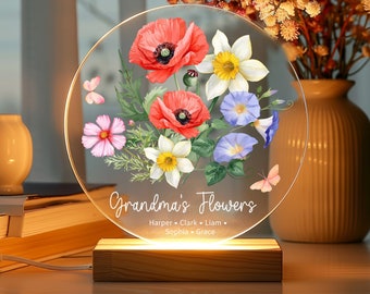 Personalized Photo Night Light, Birth Flower Plaque with Stand, Unique Birthday Gifts for Grandma, Moms Garden, bedroom decor