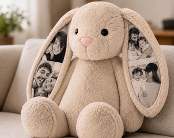 Aangepaste foto konijn pluche, verjaardagscadeau voor koppels, gepersonaliseerd konijntje met oren, lange afstand liefdescadeau voor haar of hem