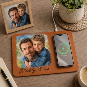 Birthday Gift for Dad, Custom Photo Sketch Wireless Charging Pad, Personalized Leather Desk Mat Gift for Grandpa Papa from Kids, Family Gift