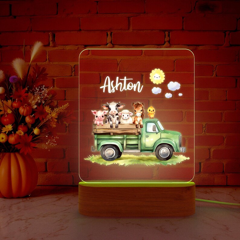 May include: A green truck with a white bed carrying a pig, two cows, a lamb, a horse, and a chick. The truck is on a green field with a yellow sun and white clouds. The name Ashton is written in white on a light blue background.