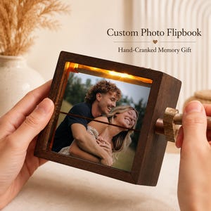 Custom Photo Flipbook Box, Personalized Wooden Birthday Gift for Mom Dad Grandma, Hand Crank Family Memory Keepsake with Soft Light