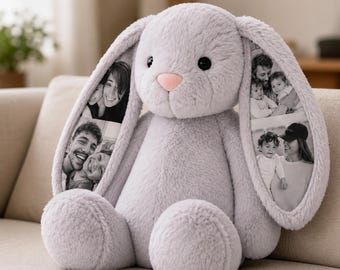 Personalisiertes Foto-Häschen-Plüschtier, Kundenspezifisches Kaninchen mit Bildohren, Erinnerungs-Andenken, Kundenspezifisches gefülltes Tiergeschenk für Sie, Mutter oder Familie