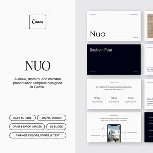Könnte beinhalten: Eine Präsentationsvorlage, die in Canva entworfen wurde, mit dem Titel "NUO" und dem Slogan "Eine schlanke, moderne und minimalistische Präsentationsvorlage, die in Canva entworfen wurde." Die Vorlage verfügt über ein Schwarz-Weiß-Farbschema mit einem minimalistischen Design. Die Vorlage umfasst 28 Folien und ist einfach zu bearbeiten.