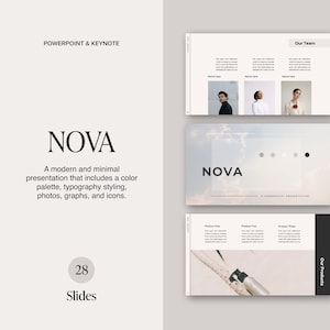 Może przedstawiać: Szablon prezentacji o nazwie "NOVA" z 28 slajdami. Szablon jest nowoczesny i minimalistyczny z paletą kolorów, stylem typografii, zdjęciami, wykresami i ikonami. Szablon jest przeznaczony do programu PowerPoint i Keynote.