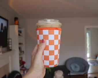 Orange Checkered Neoprene Cup Cozy | iced coffee sleeve - large or xlarge