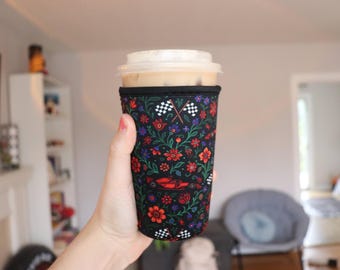 Formula One Inspired Neoprene Cup Cozy | Checkered flag & F1 car iced coffee sleeve - large or xlarge