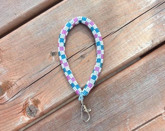 Checkered Beaded Keychain - Alpine Pink & Blue