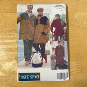 May include: A vintage Vogue Sport sewing pattern, size L-XL, featuring illustrations of coats and jackets. The pattern includes images of color-blocked coats in shades of brown, green, and navy. The pattern number is 8180.