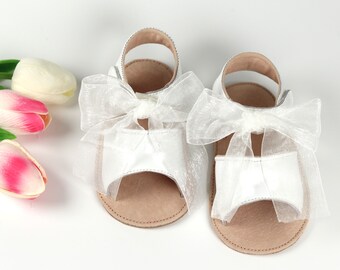 Baby girl sandals with bow, Baby Girls Leather White first 1st birthday Sandals, Girls white wedding Sandals, Girl toddler Sandals,